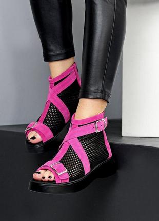 Трендові яскраві рожеві комбіновані чорні літні черевики натуральна замша + сітка 2123710 фото
