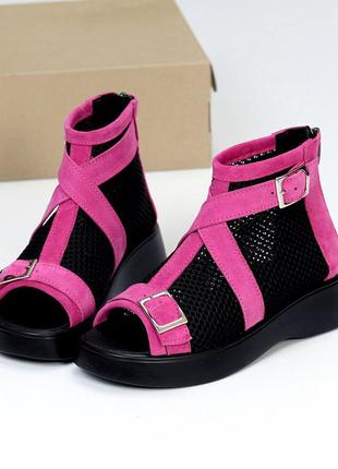 Трендові яскраві рожеві комбіновані чорні літні черевики натуральна замша + сітка 212372 фото