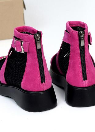 Трендові яскраві рожеві комбіновані чорні літні черевики натуральна замша + сітка 212374 фото