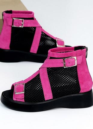 Трендові яскраві рожеві комбіновані чорні літні черевики натуральна замша + сітка 212373 фото