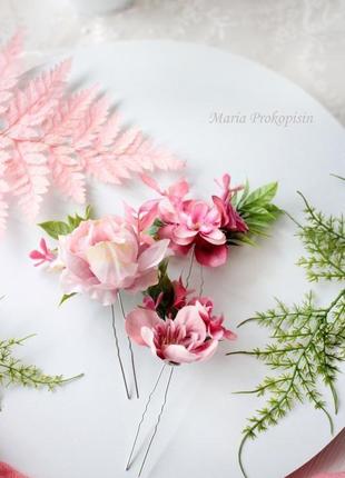 Гребінець з квітами в пудрово-розовому кольорі.3 фото