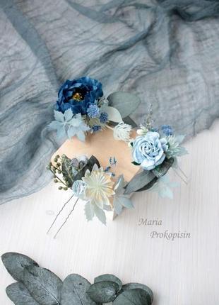 Набор из трех шпилек в волосы в сине-белом цвете.4 фото