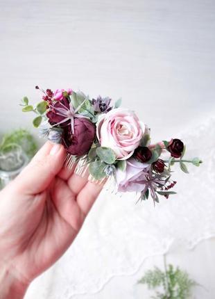 Набор свадебных украшений: бутоньерка и браслет в розово-сиренево-марсал цвете.7 фото