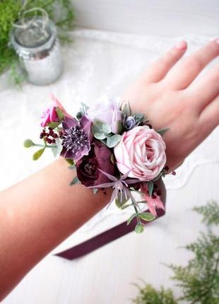 Набір весільних прикрас: бутоньерка та браслет в розово-бузково-марсал кольорі.3 фото