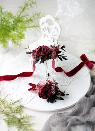 Набор бархатных бутоньерок в бордовом цвете (2 шт)1 фото