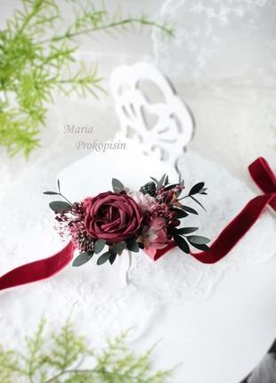 Набор бархатных бутоньерок в бордовом цвете (2 шт)6 фото