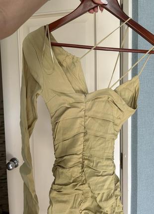 Сукня лляна zara оливкова асиметрична коротка5 фото