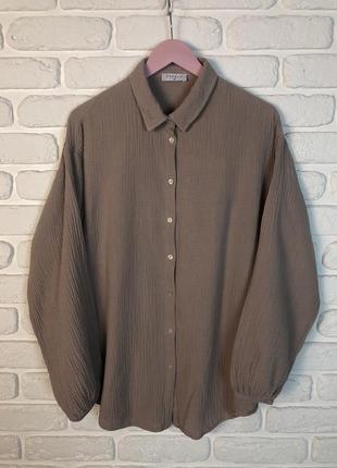 Стильная муслиновая рубашка цвета латте. хлопковая рубашка свободного кроя, хлопковая жатая рубашка6 фото
