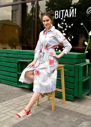 Легкое летнее льняное платье с цветочным принтом1 фото