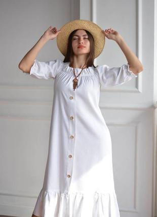 Белое летнее льняное платье с открытыми плечами linen open shoulder dress2 фото