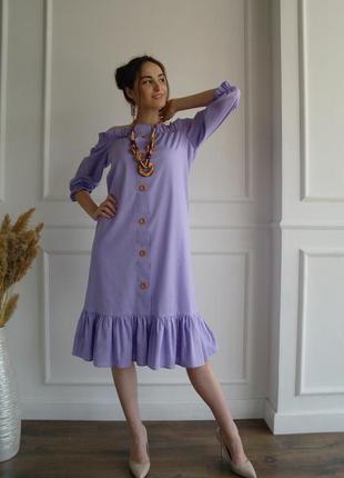 Лавандовое летнее льняное платье с открытыми плечами и пышными рукавами2 фото
