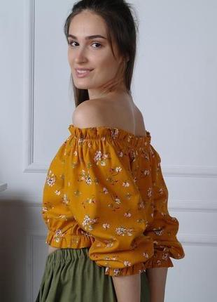 Льняний топ з квітковим принтом off shoulder linen top7 фото