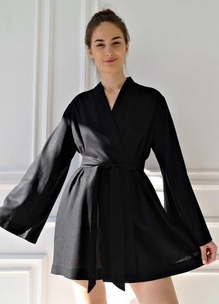 Чорний халат з натурального льону1 фото