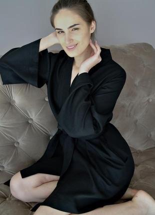 Чорний халат з натурального льону4 фото