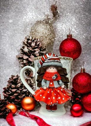 Чашка з декором, кружка з декором, кружка із полімерної глини, новорічна кружка, новорічна чашка1 фото