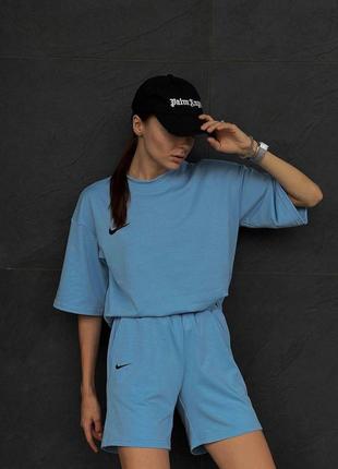 Костюм спортивний жіночий голубий / nike / костюм двійка футболка і шорти на резинці / костюм двійка / обмін