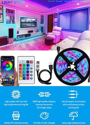 Світлодіодна стрічка rgb colorful usb bluetooth app smart 24-key пульт д/у7 фото