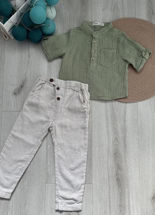 Набор вещей на мальчика рубашка муслиновая и штаны1 фото