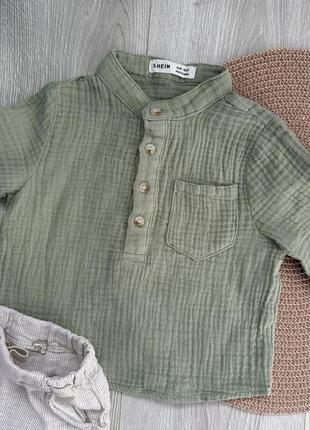 Набор вещей на мальчика рубашка муслиновая и штаны4 фото
