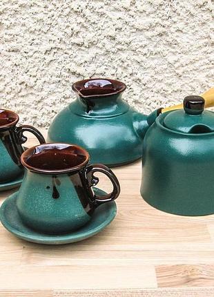 Набір кавовий плаский на 2 особи з цукерничкою та блюдцями зелений