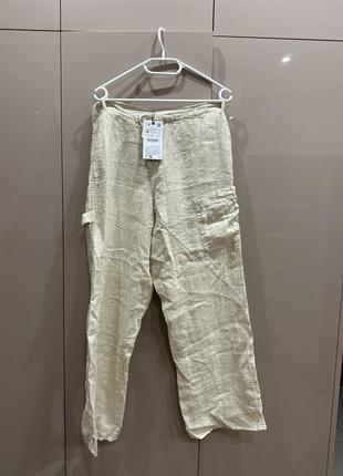 Лляні штани брюки карго палаццо широкі льон  асиметричні вільні літні