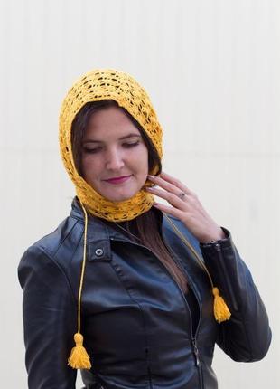 Ажурний шарф бактус в'язана косинка жовтого кольору, 100% бавовна2 фото