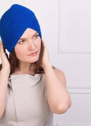 Шикарный вязаный тюрбан шапка чалма насыщенного синего цвета1 фото