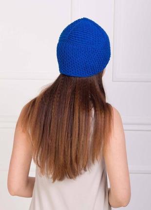 Шикарний в'язаний тюрбан шапка чалма насиченого синього кольору5 фото