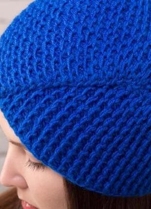Шикарний в'язаний тюрбан шапка чалма насиченого синього кольору3 фото