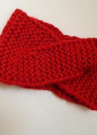 Тёплая вязаная повязка на голову красного цвета перехлёст повязка hand made осень/зима8 фото