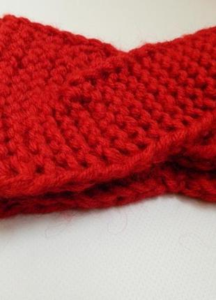 Тёплая вязаная повязка на голову красного цвета перехлёст повязка hand made осень/зима9 фото