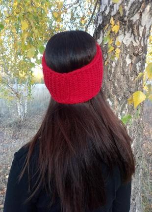 Тёплая вязаная повязка на голову красного цвета перехлёст повязка hand made осень/зима5 фото