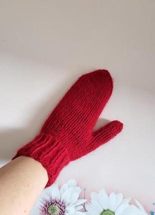 Тёплые вязаные варежки красные зимние рукавицы5 фото