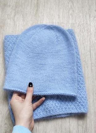 Нереальний в'язаний комплект шапка біні + снуд пух норки блакитного кольору hand made4 фото