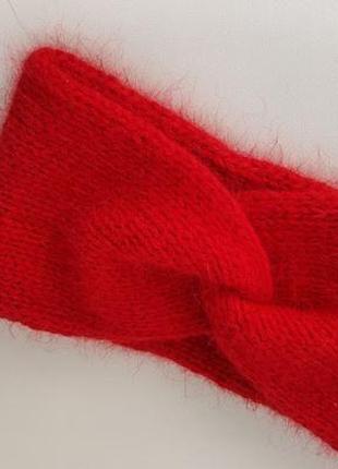 Теплая вязаная повязка на голову красного цвета пух норки р. s/m2 фото