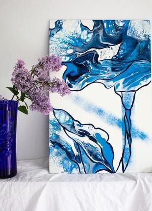 Голубая картина "роза" в технике fluid art/жидкий акрил