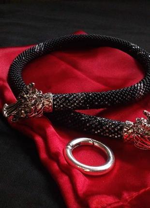 Черный матовый жгут чокер "дракон" украшение из бисера со стальными чешуйками змея5 фото