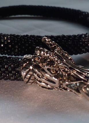 Черный матовый жгут чокер "дракон" украшение из бисера со стальными чешуйками змея6 фото