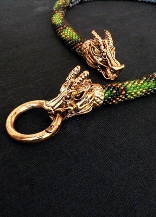 Зелений джгут чокер дракон, змія короткий намисто з бісеру3 фото