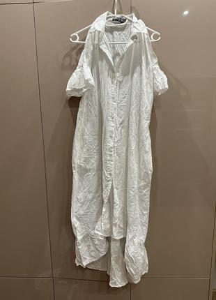 Натуральное хлопковое платье платье-миди оверсайз рубашка с карманами асимметричное с рюшами