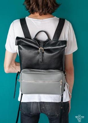 Черный кожаный рюкзак с дополнительной сьемной сумкой трансформером