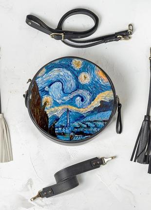 Кожаная сумочка клатч с ручной росписью ван гог "звездная ночь"1 фото