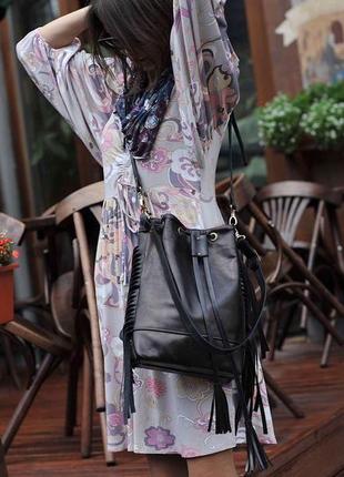 Женский черный кожаный рюкзак сумка через плечо8 фото