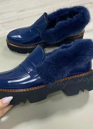 Премиум лоферы norka  зима норка и кожа синие