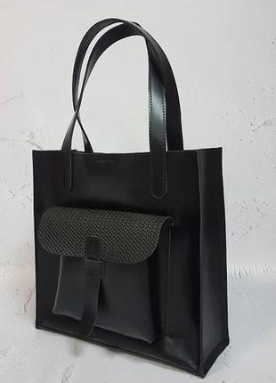 Сумка средняя натуральная кожа женская, черная матовая с плетенкой 1627