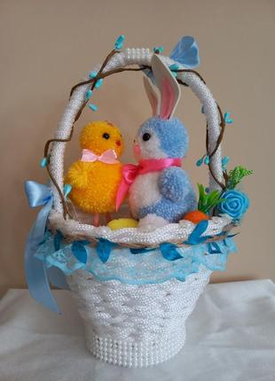 Пасхальный декор "пасхальный кролик и цыпленок в корзине"1 фото