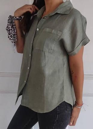 Жіноча сорочка блуза льон жатка на гудзиках4 фото