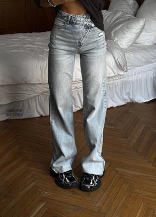 Женские джинсы трубы на высокой посадке, классические, прямые, широкие, расширенные, серые, голубые, брюки, джинс коттон, асимметричные4 фото
