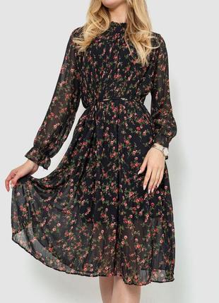 Шифоновое плисерированное платье с цветочным принтом приталенное с поясом длинный рукав