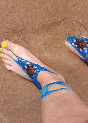 Украшение вязаное на ноги слейв-браслет синий с коричневой звёздочкой2 фото